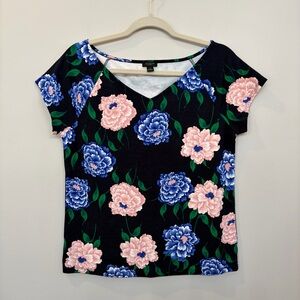 Ann Taylor Factory Woman’s Floral Print V-neckline Top Size M Navy Pink Blue